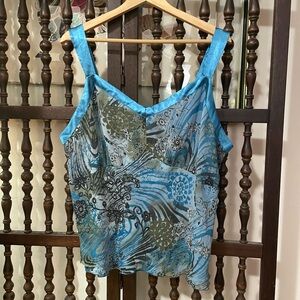 FASHION BUG Vintage Y2K Blue Floral 100% Silk Flowy Sleeveless Top Plus Size 22